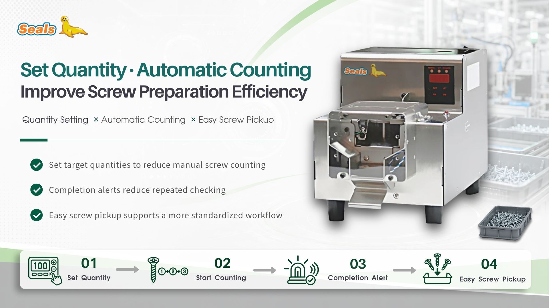 SEALS Automatic Screw Counter – Set quantity, automatic counting, and efficient screw preparation
